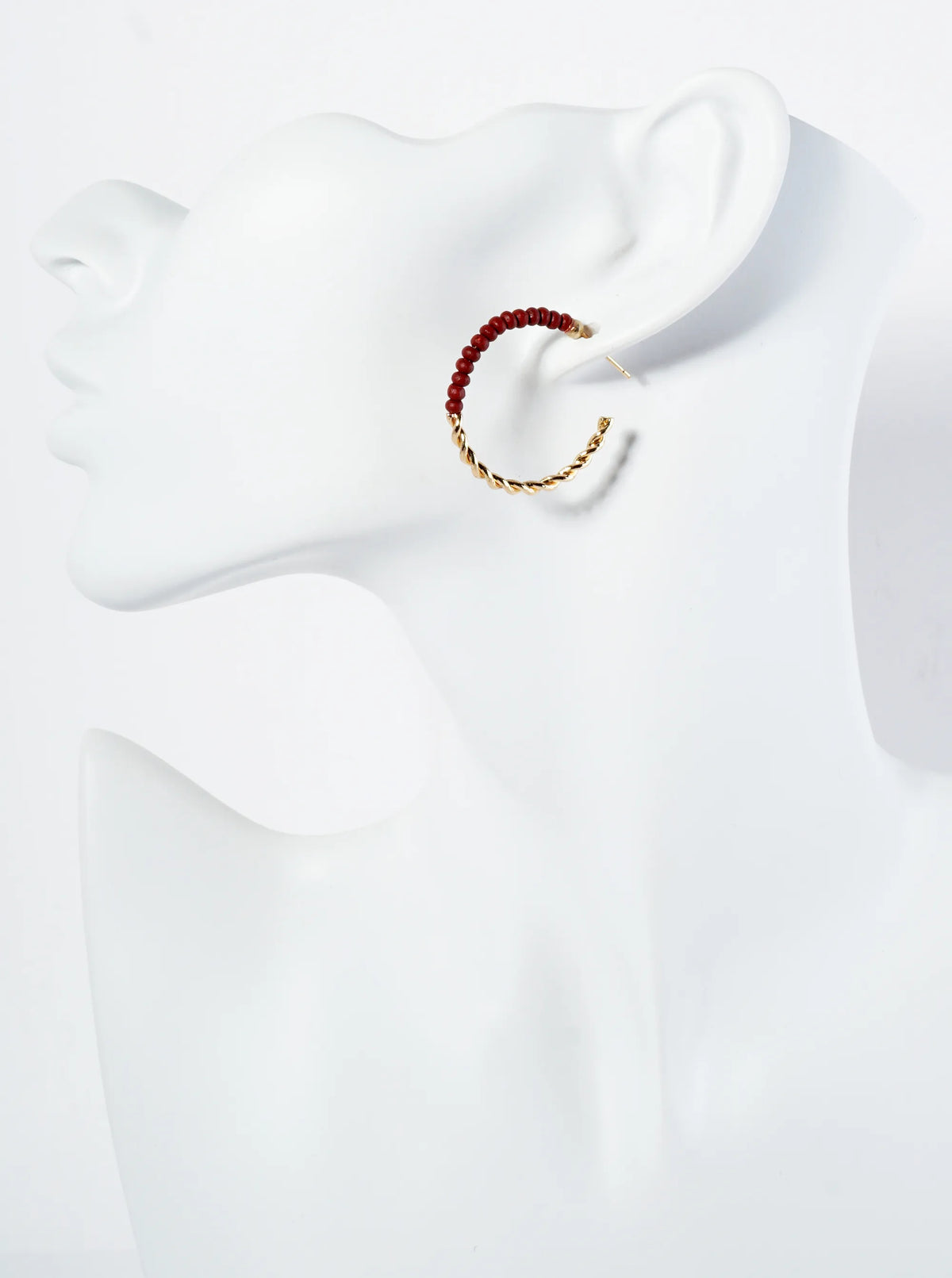 Half-Twisted Metal And Half-Wood Beads 30mm Lightweight Hoop Earrings