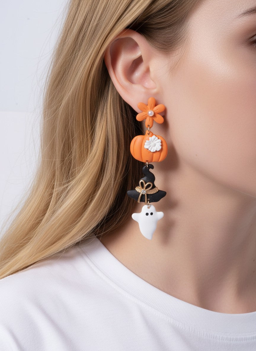 Halloween Pumpkin Witch Hat Ghost Drop Earrings