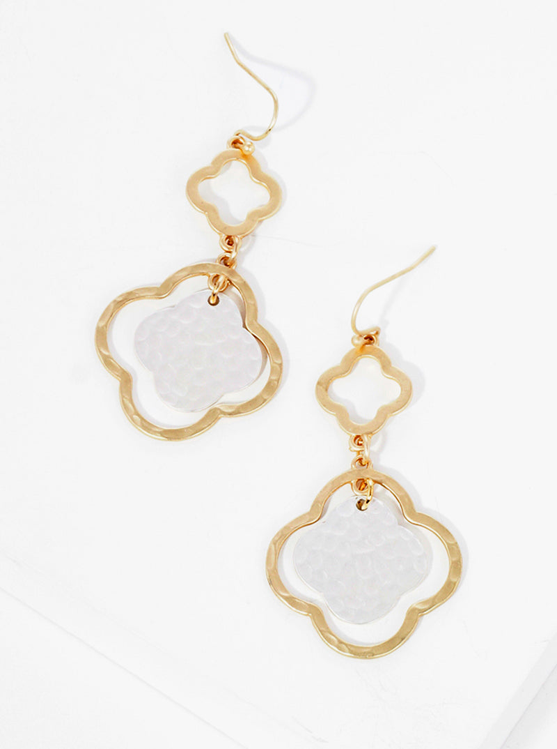 Hammer Textured Metal Two Tiered Quatrefoil Dangle Drop Earrings