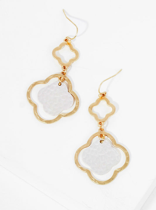 Hammer Textured Metal Two Tiered Quatrefoil Dangle Drop Earrings