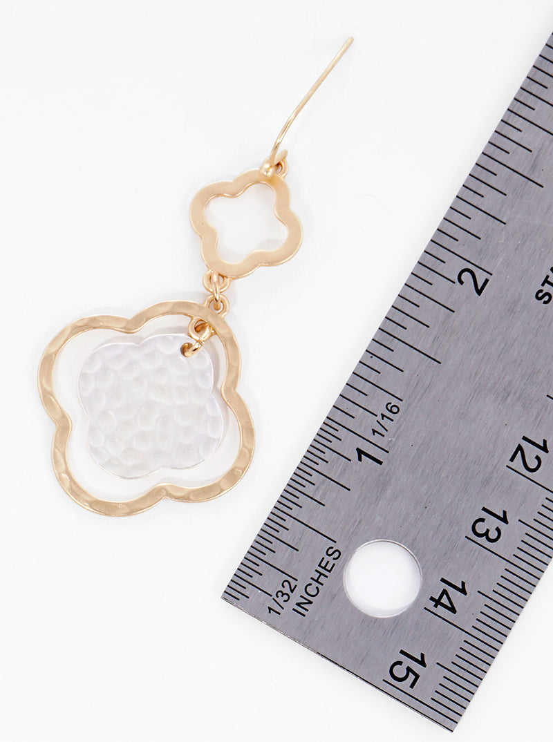 Hammer Textured Metal Two Tiered Quatrefoil Dangle Drop Earrings