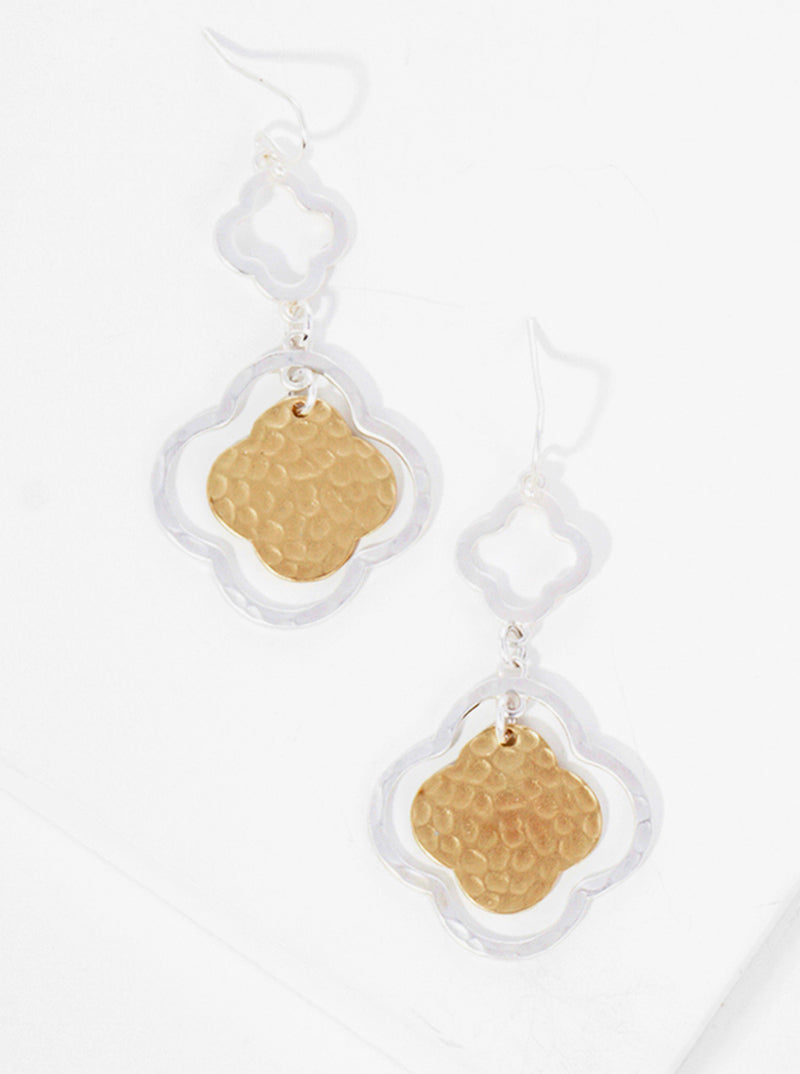 Hammer Textured Metal Two Tiered Quatrefoil Dangle Drop Earrings