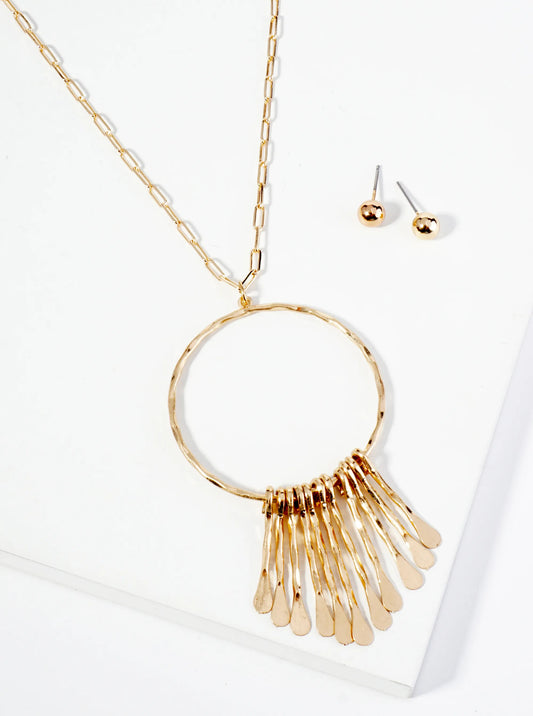 Hammered Bar Drop Circle Pendant 31 Inch Long Necklace