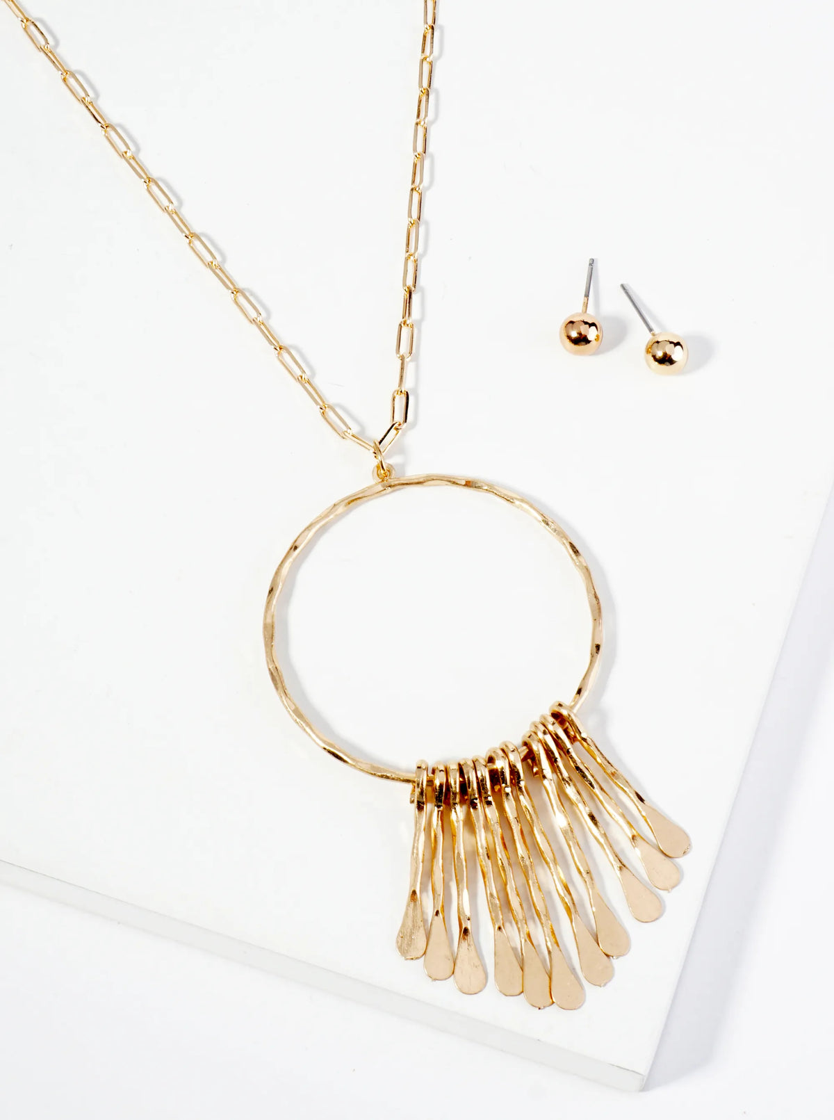 Hammered Bar Drop Circle Pendant 31 Inch Long Necklace