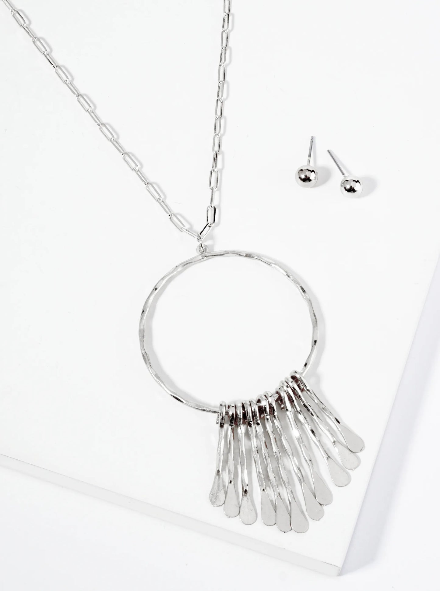 Hammered Bar Drop Circle Pendant 31 Inch Long Necklace
