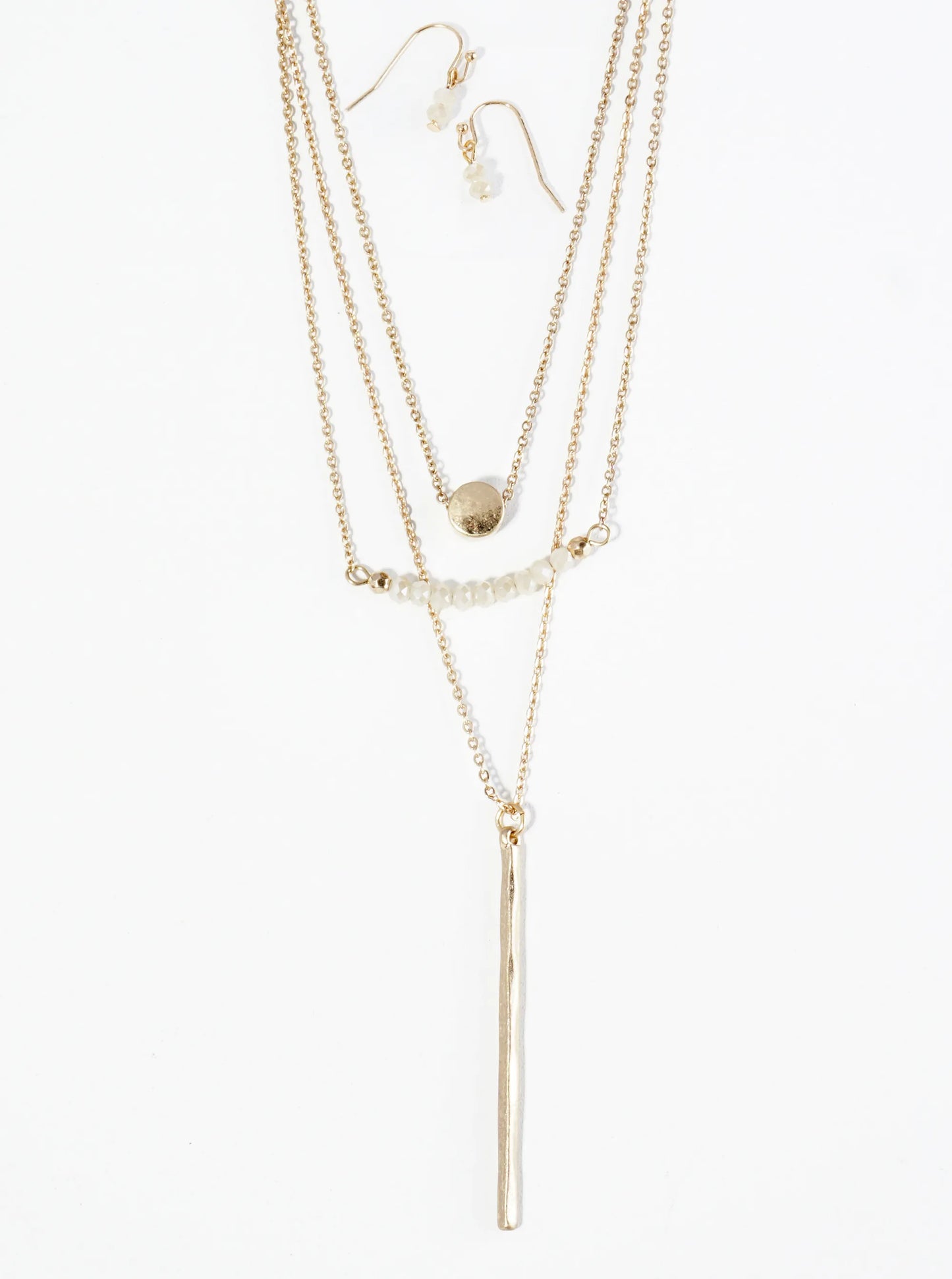 Hammered Bar Pendant Layered Necklace Set With Earrings
