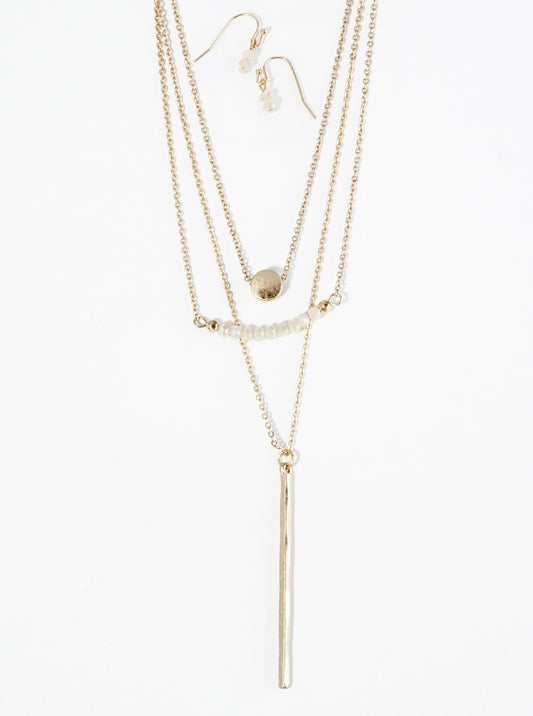 Hammered Bar Pendant Layered Necklace Set With Earrings