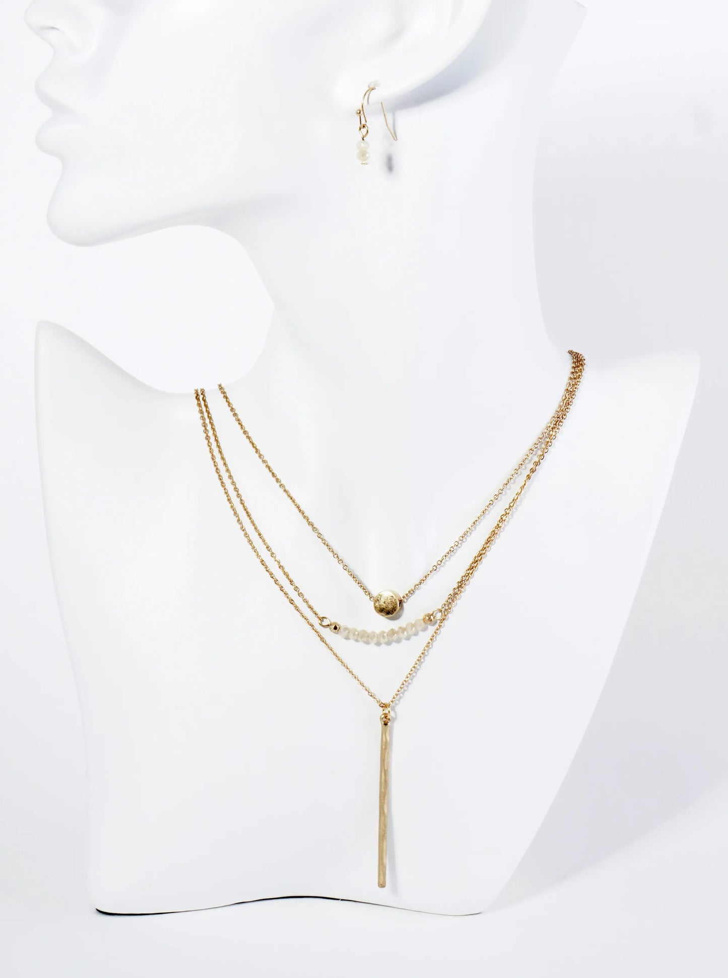 Hammered Bar Pendant Layered Necklace Set With Earrings