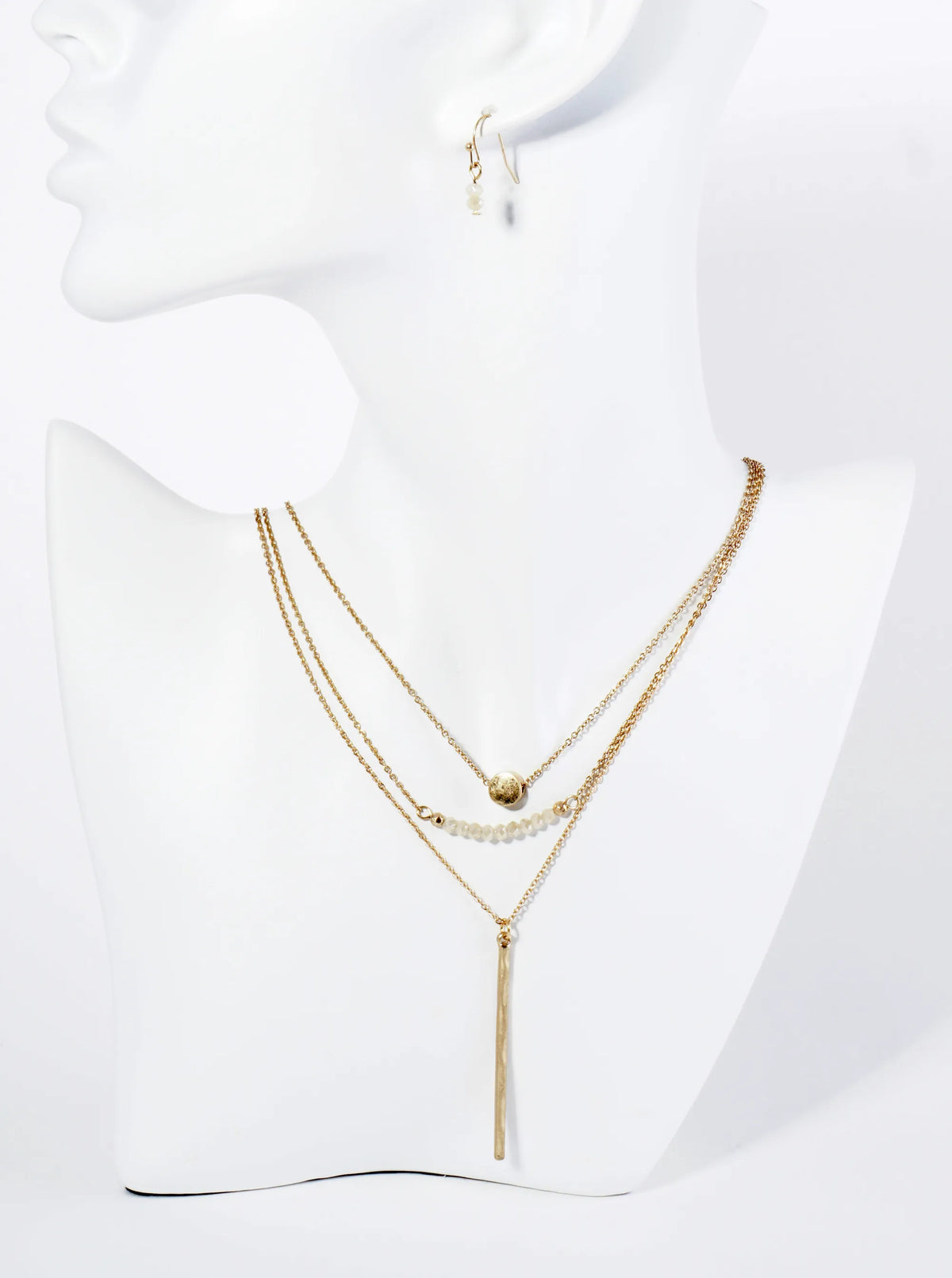 Hammered Bar Pendant Layered Necklace Set With Earrings