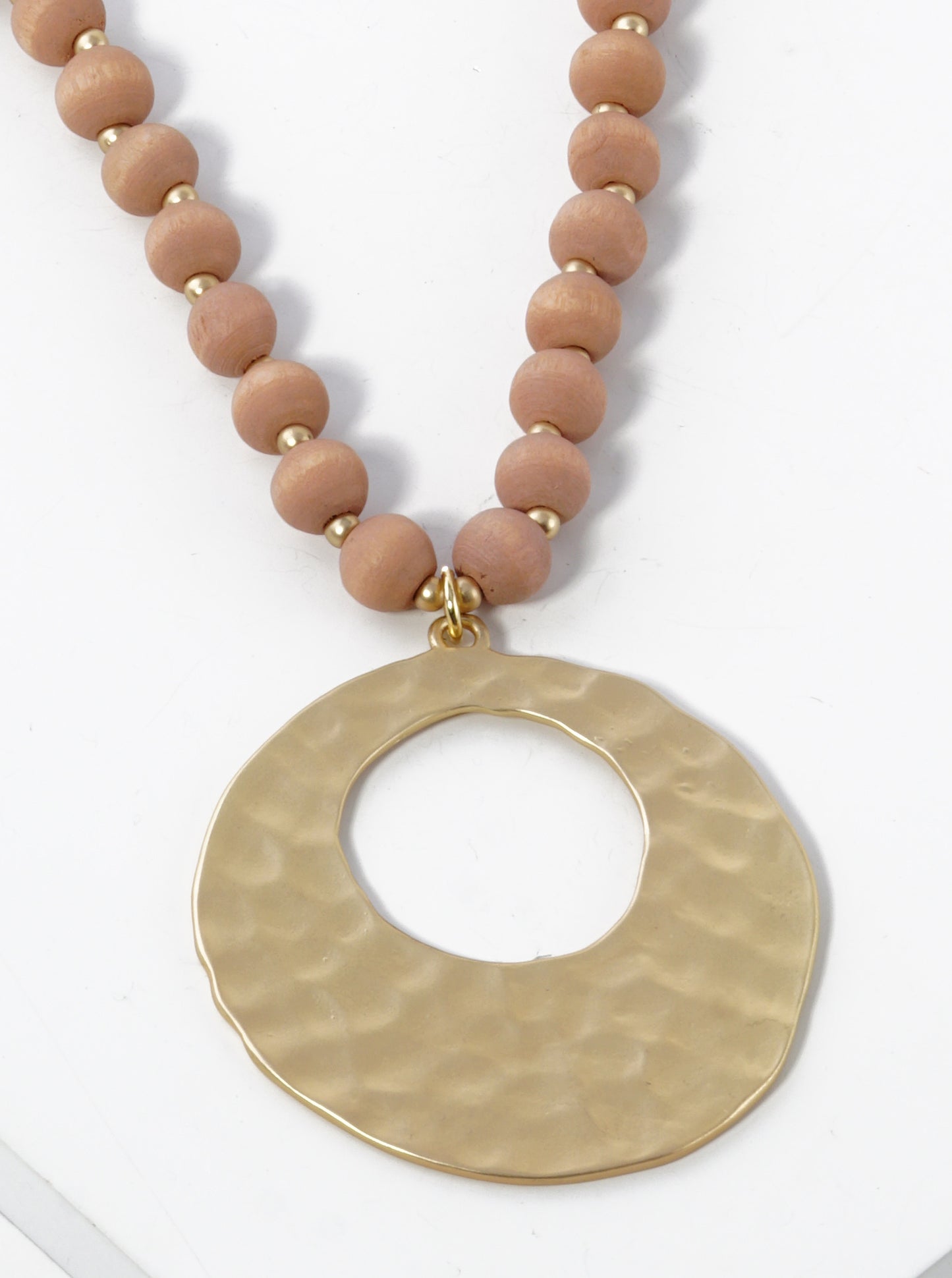 Hammered Brass Circle Pendant Wood Beaded Long Necklace