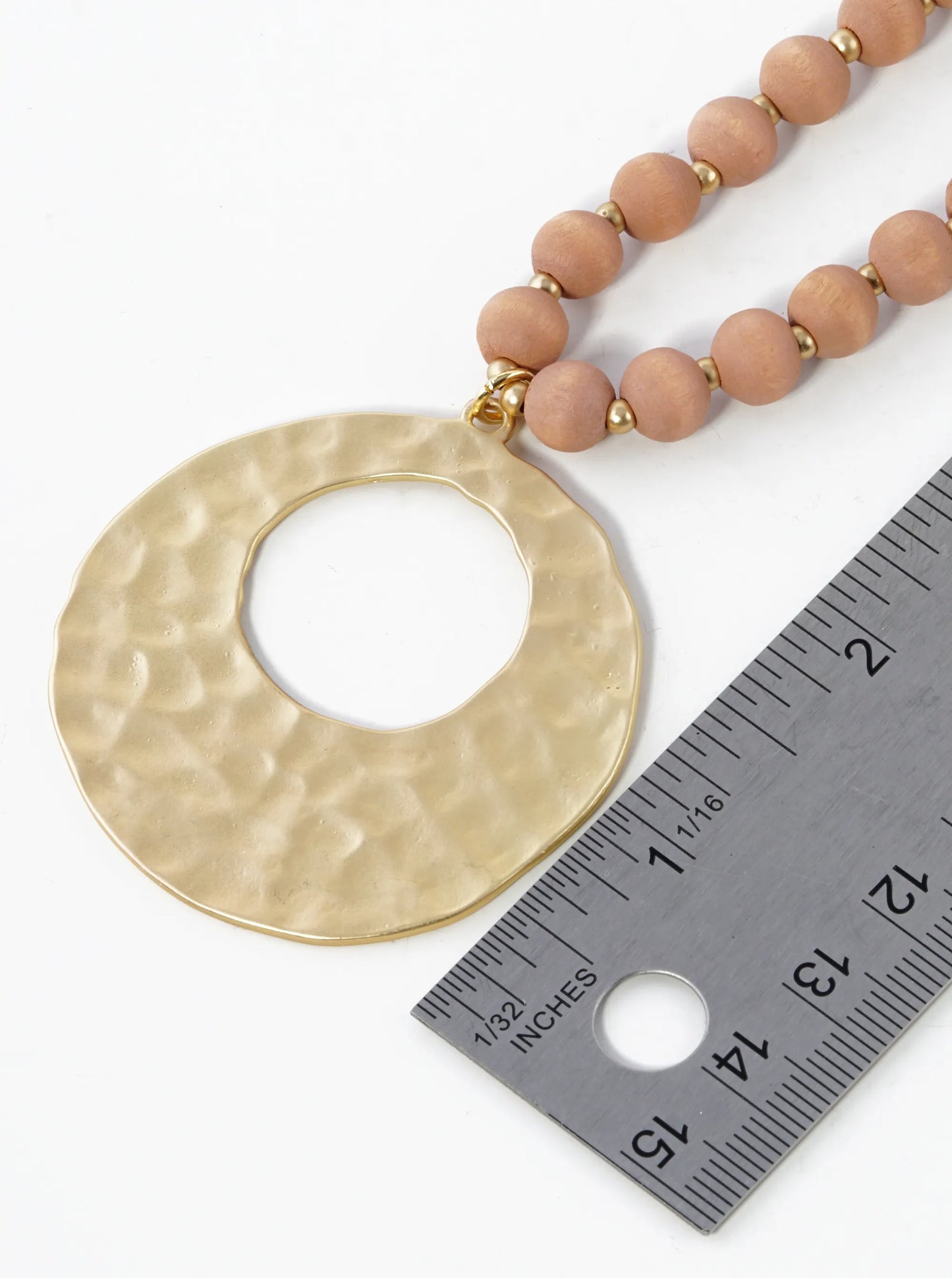 Hammered Brass Circle Pendant Wood Beaded Long Necklace