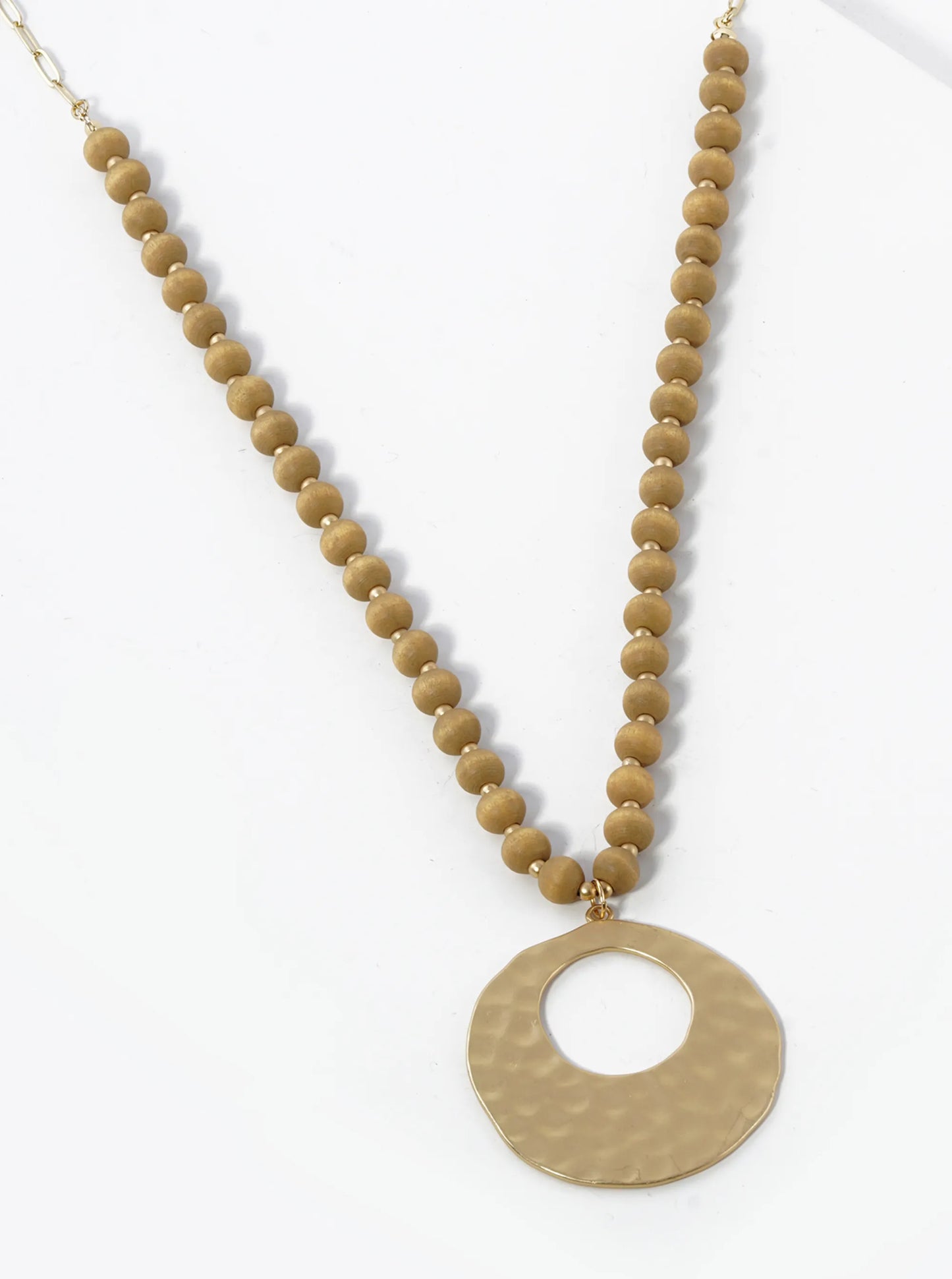 Hammered Brass Circle Pendant Wood Beaded Long Necklace