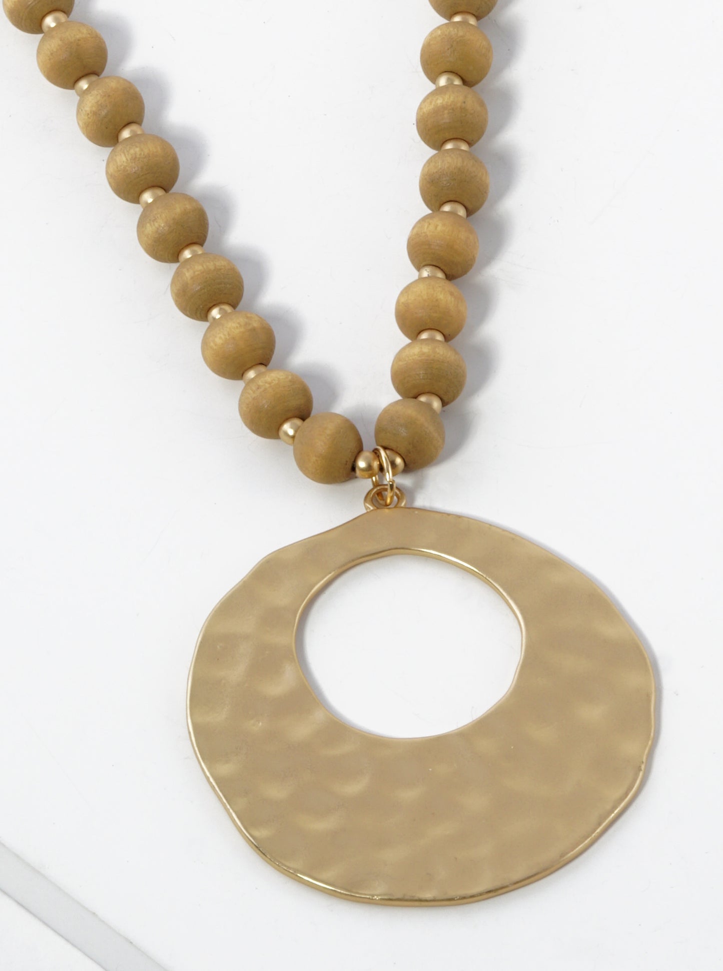 Hammered Brass Circle Pendant Wood Beaded Long Necklace