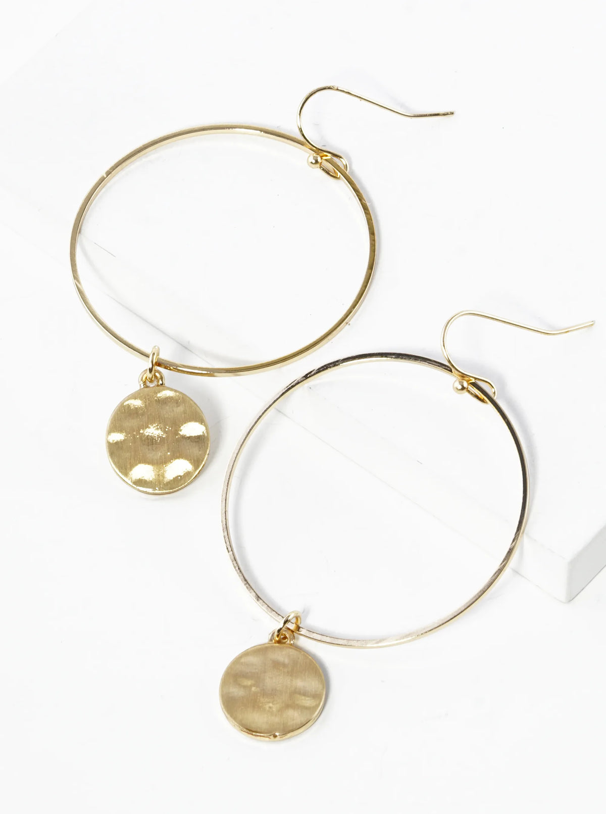 Hammered Brass Disc Drop Circle Dangle Earrings