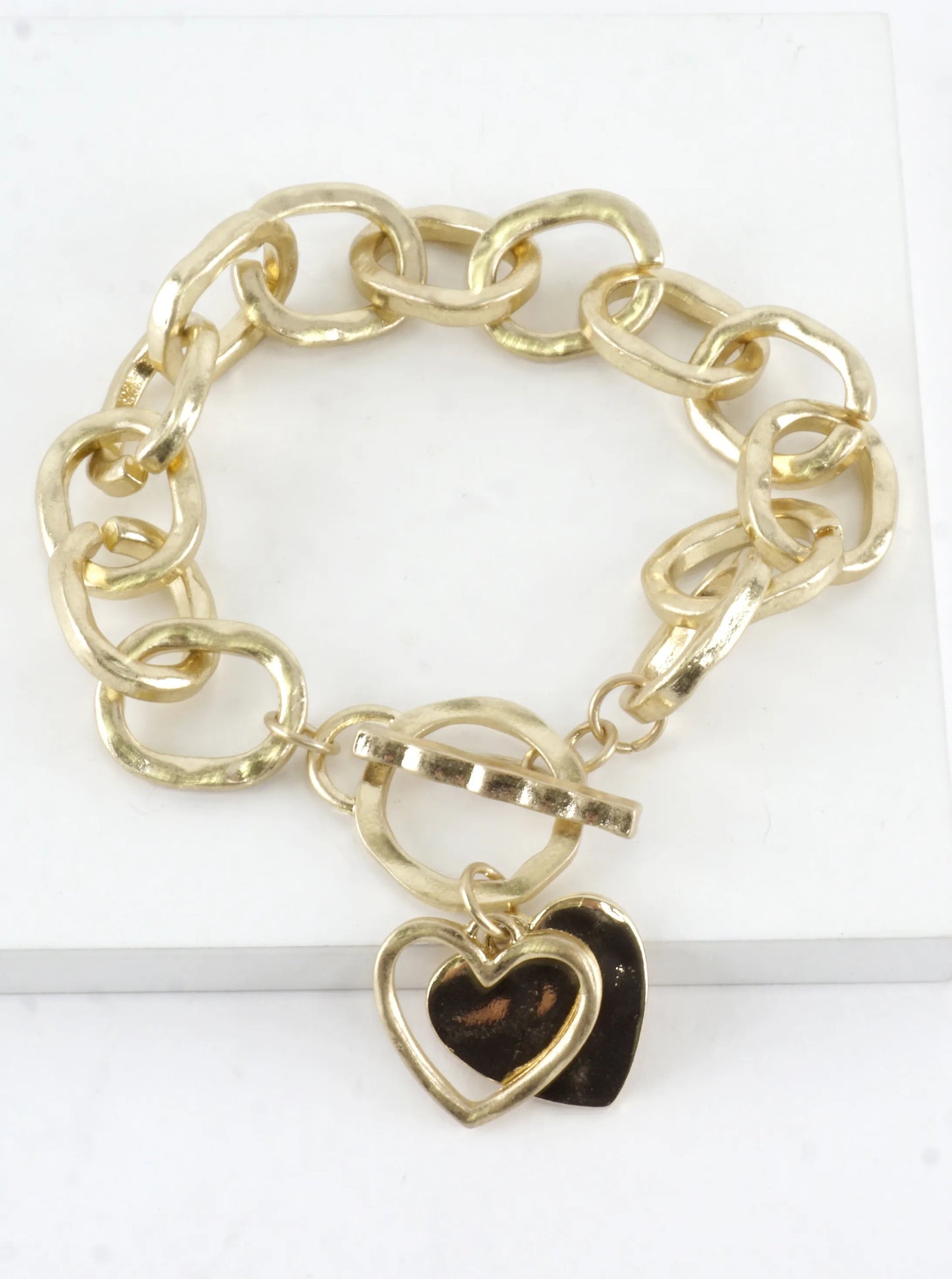 Hammered Chunky Chain Toggle Heart Charm Bracelet