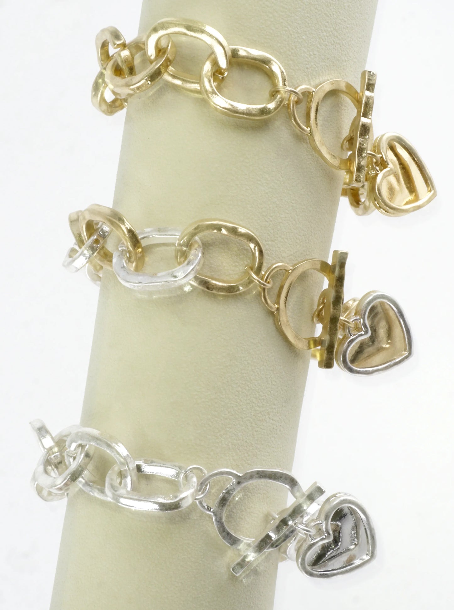 Hammered Chunky Chain Toggle Heart Charm Bracelet