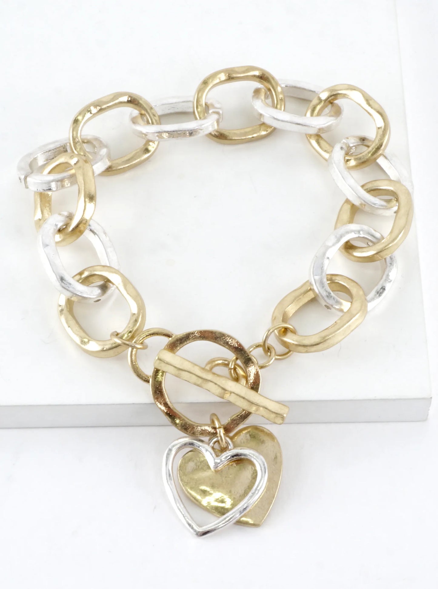 Hammered Chunky Chain Toggle Heart Charm Bracelet