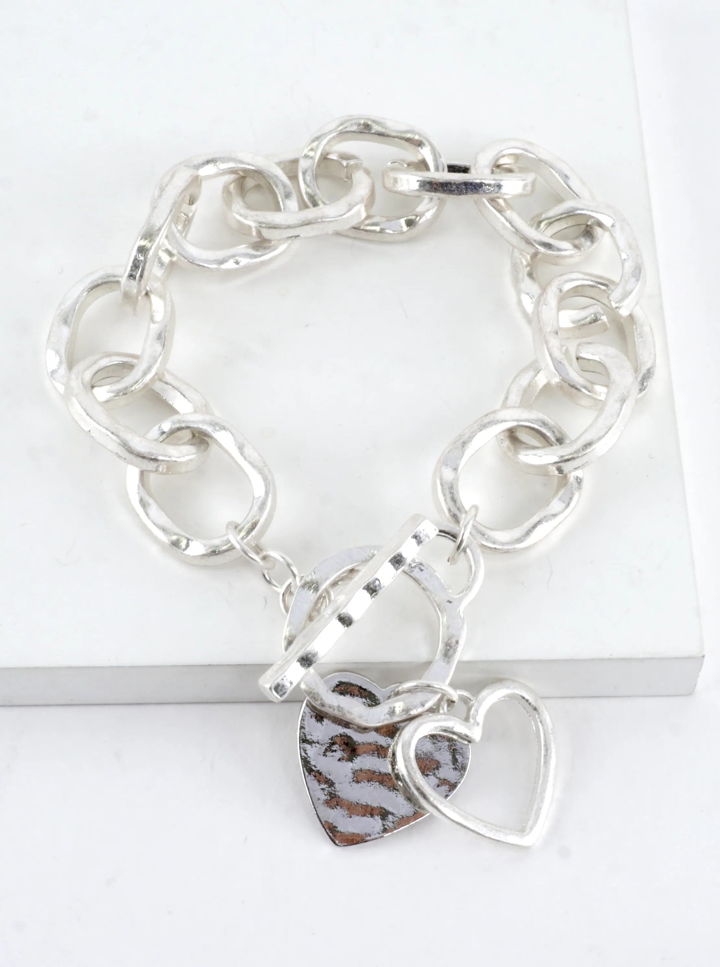 Hammered Chunky Chain Toggle Heart Charm Bracelet