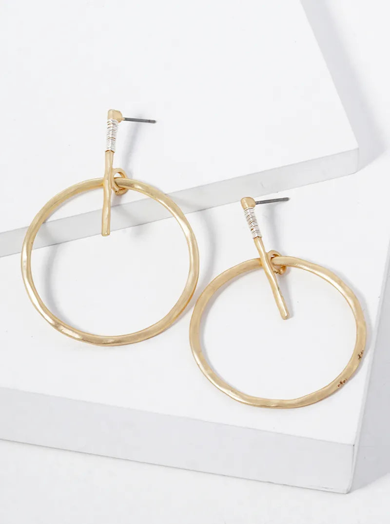 Hammered Circle Drop Wire Wrapped Dangle Post Earrings