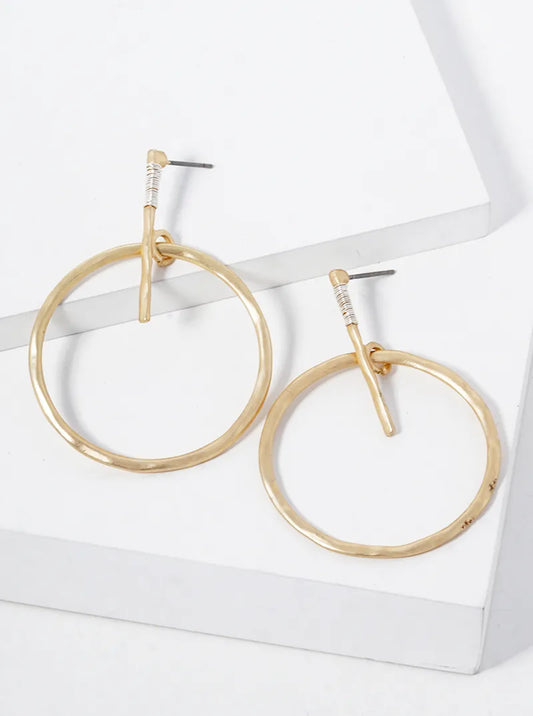 Hammered Circle Drop Wire Wrapped Dangle Post Earrings