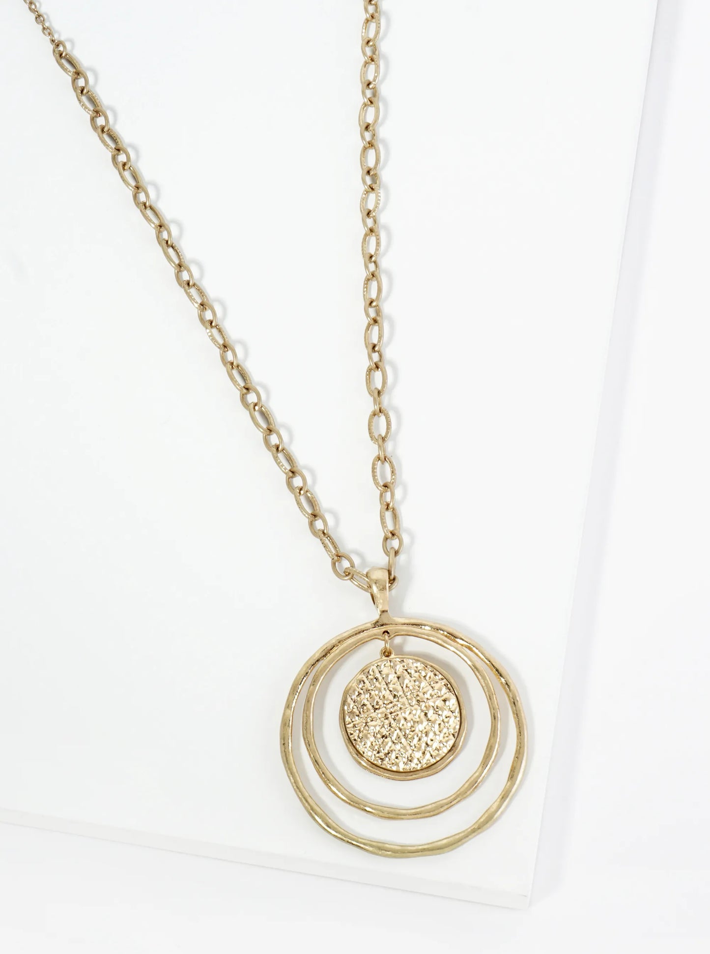Hammered Circle Pendant 32 Inch Long Necklace