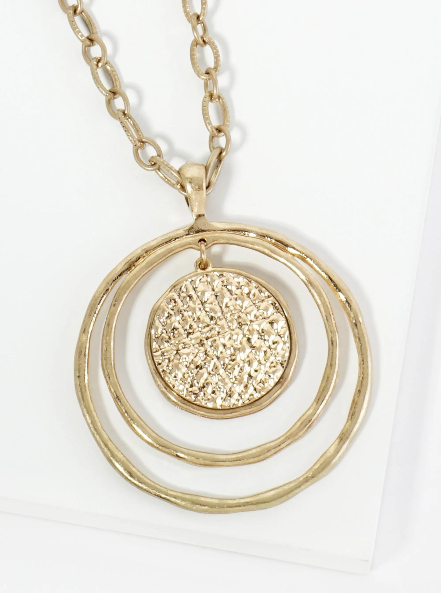 Hammered Circle Pendant 32 Inch Long Necklace