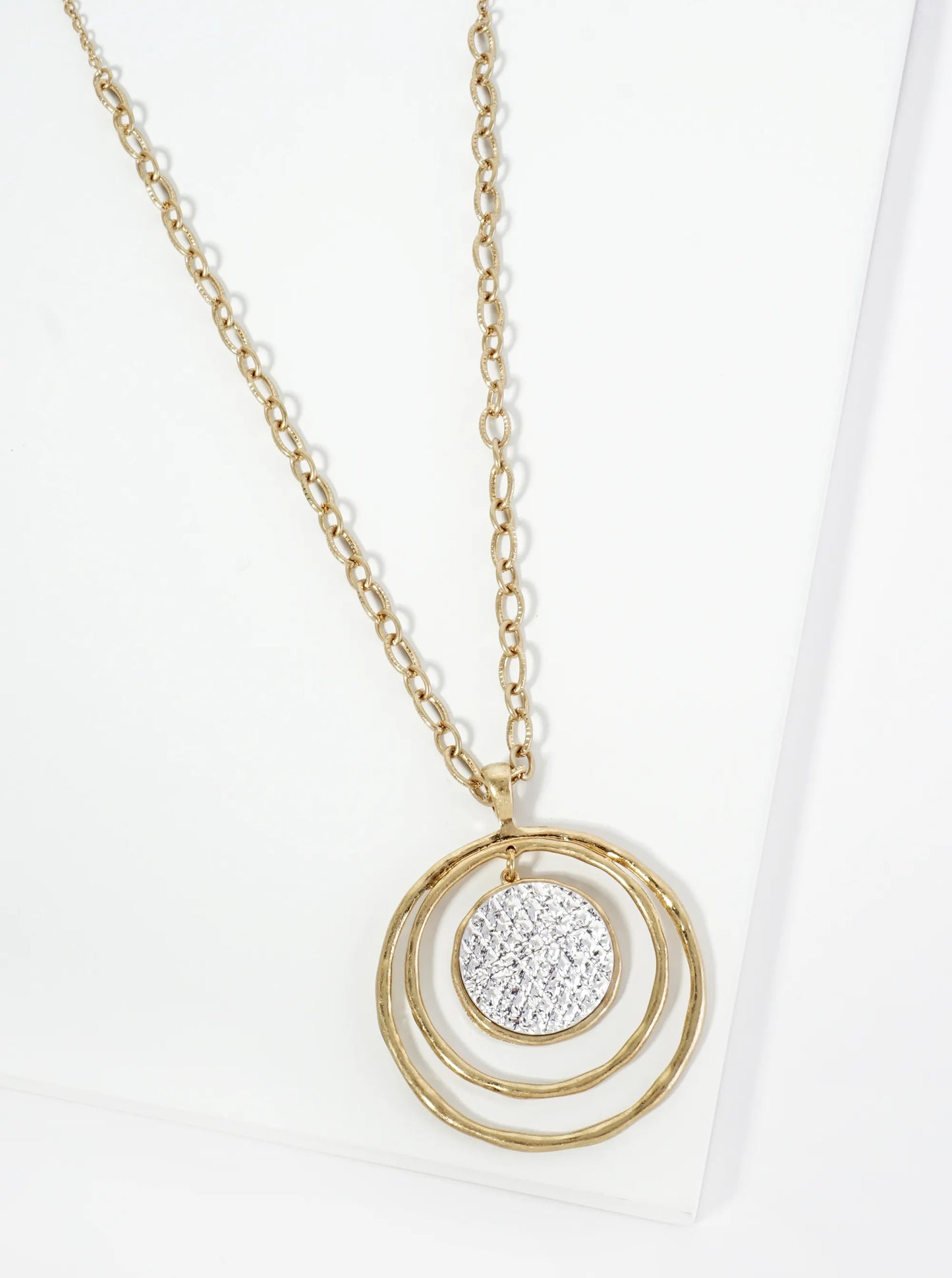 Hammered Circle Pendant 32 Inch Long Necklace