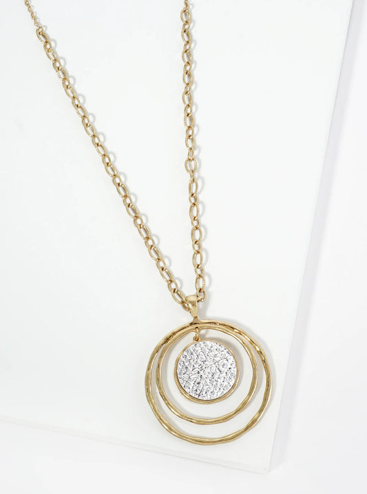 Hammered Circle Pendant 32 Inch Long Necklace