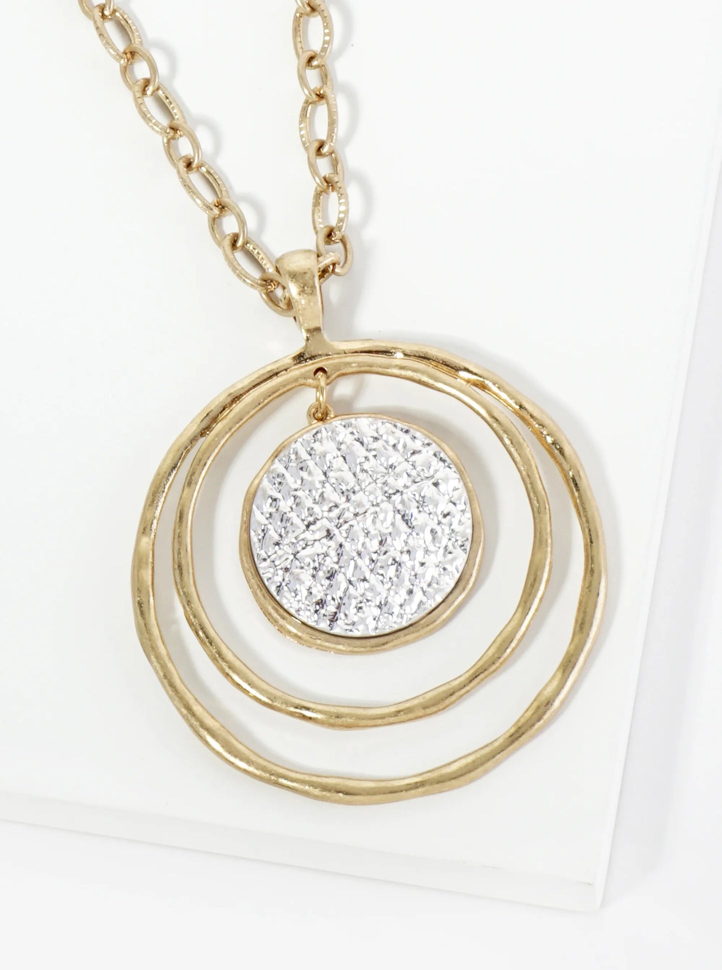 Hammered Circle Pendant 32 Inch Long Necklace