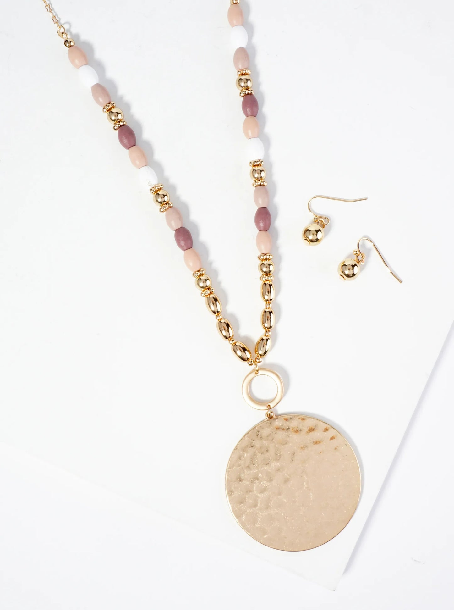 Hammered Circle Pendant Wood Beaded Chain Long Necklace Set With Earrings
