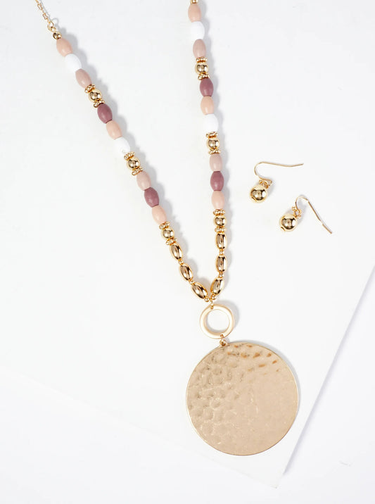 Hammered Circle Pendant Wood Beaded Chain Long Necklace Set With Earrings
