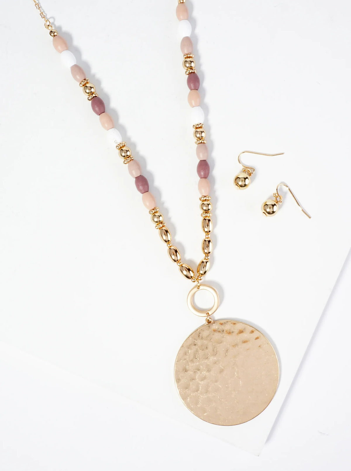Hammered Circle Pendant Wood Beaded Chain Long Necklace Set With Earrings