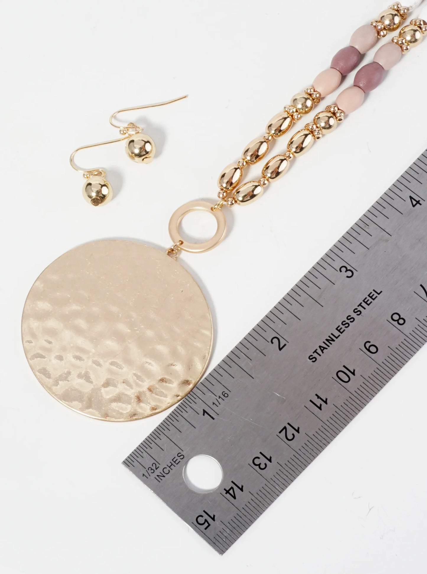 Hammered Circle Pendant Wood Beaded Chain Long Necklace Set With Earrings