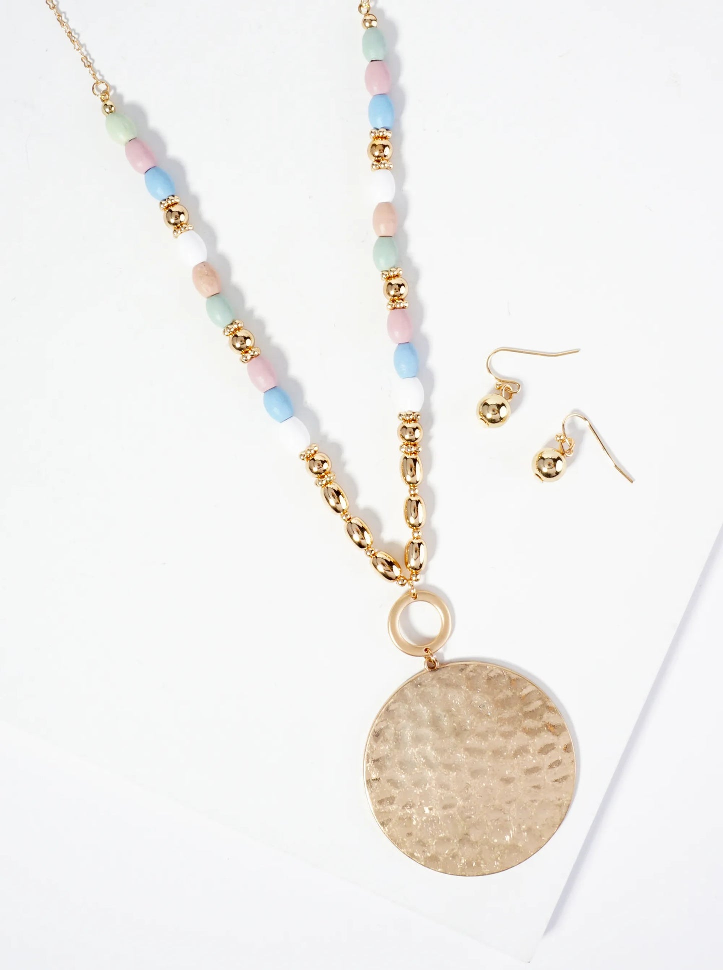 Hammered Circle Pendant Wood Beaded Chain Long Necklace Set With Earrings