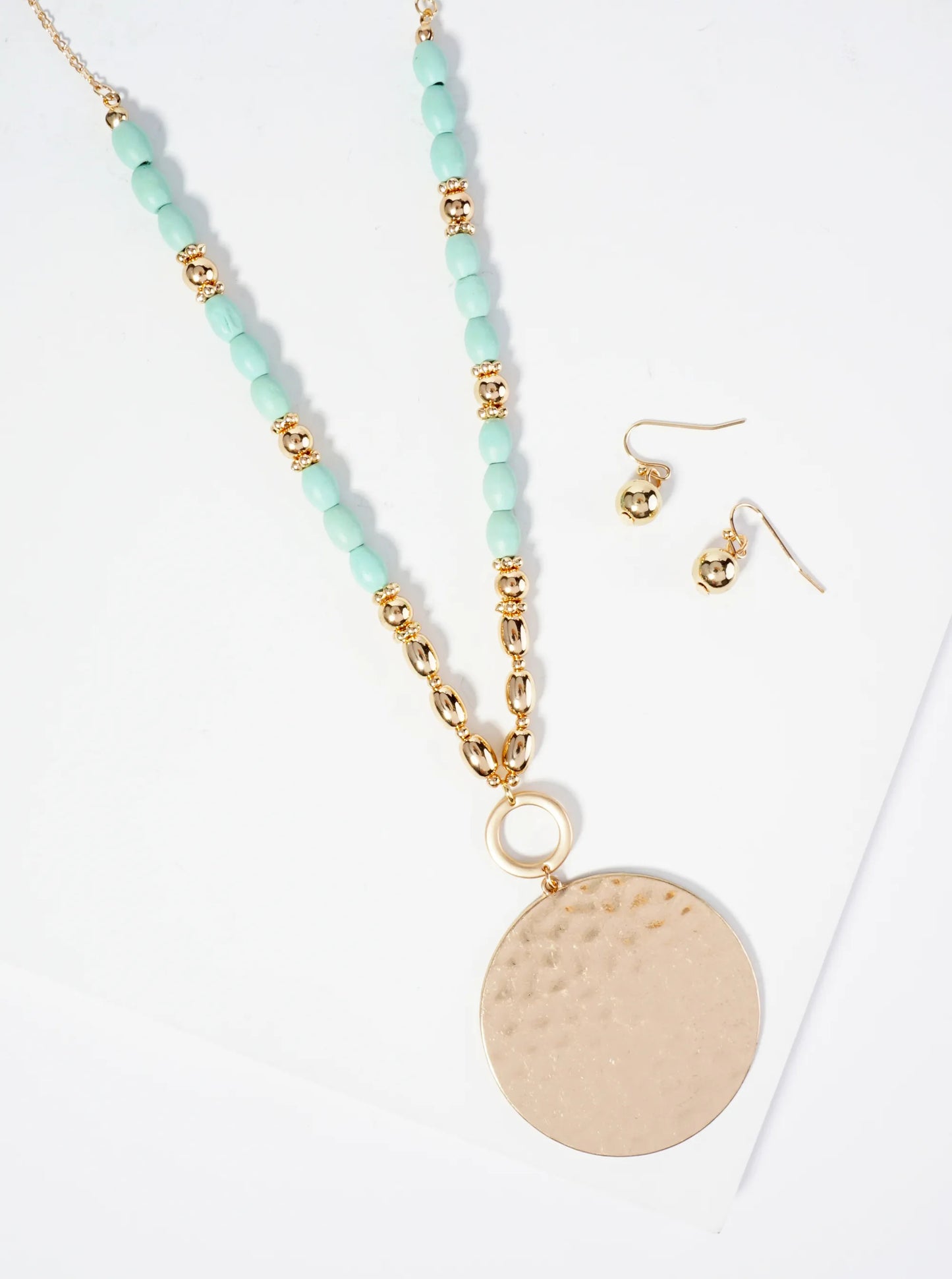 Hammered Circle Pendant Wood Beaded Chain Long Necklace Set With Earrings