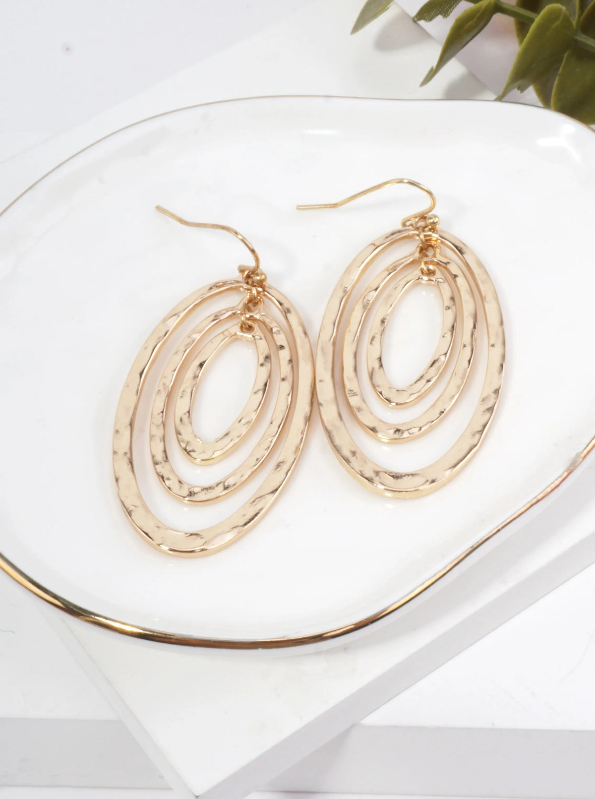 Hammered Concentric Oval Drop Earrings - Gold