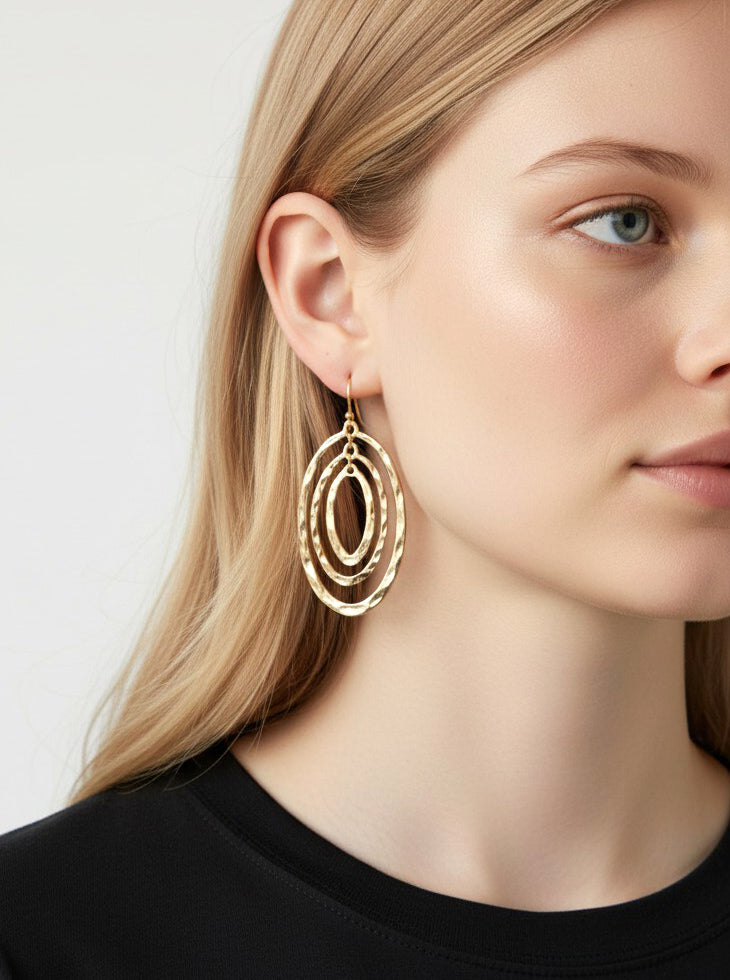 Hammered Concentric Oval Drop Earrings - Gold