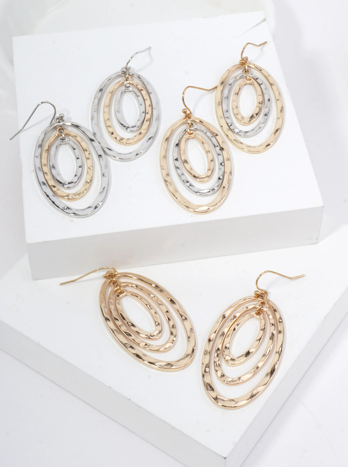 Hammered Concentric Oval Drop Earrings - Gold