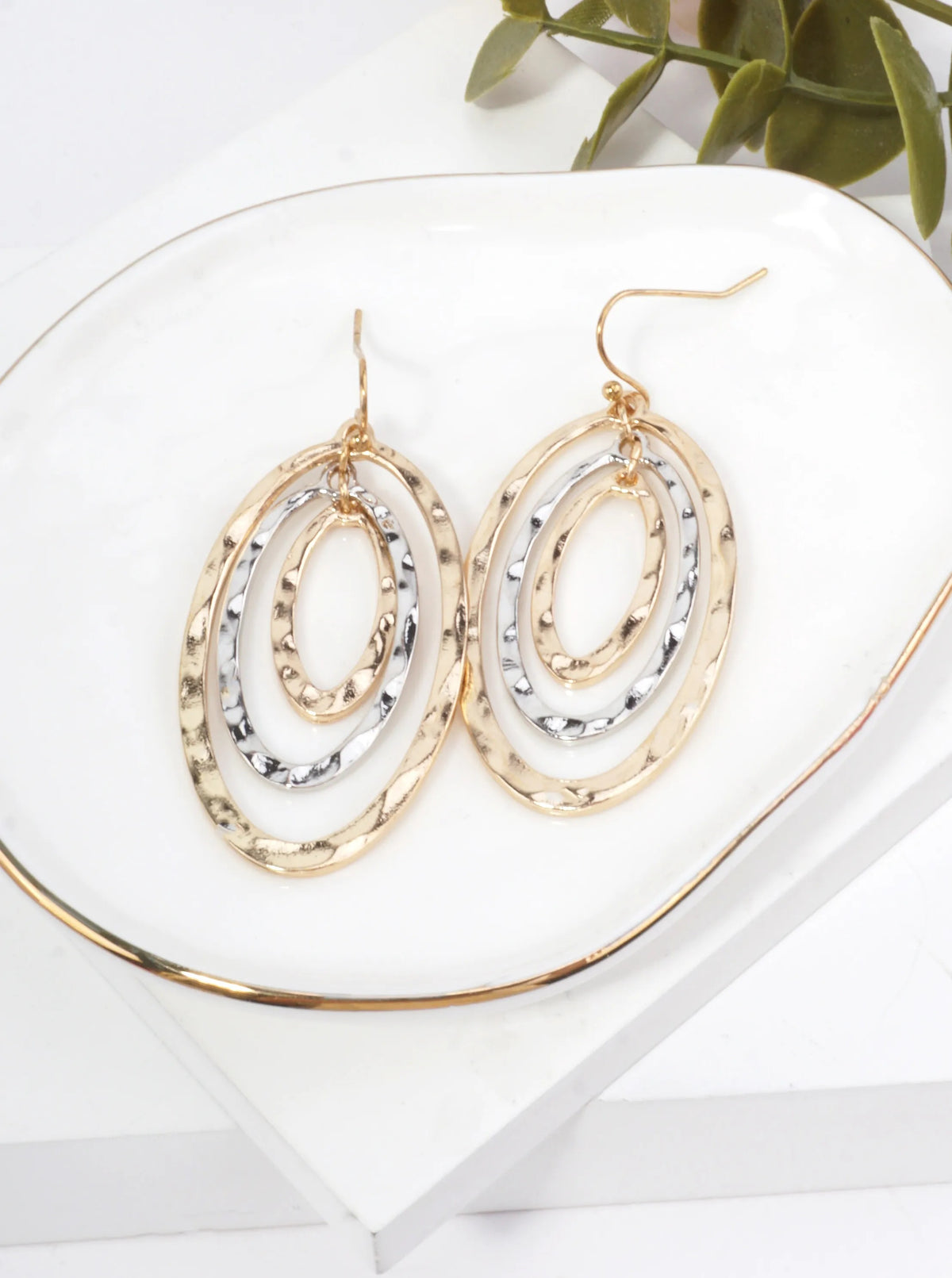 Hammered Concentric Oval Drop Earrings - Gold Rhodium