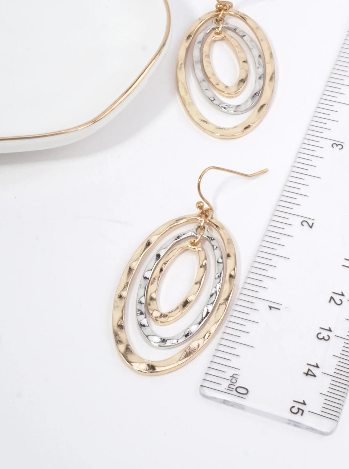 Hammered Concentric Oval Drop Earrings - Gold Rhodium