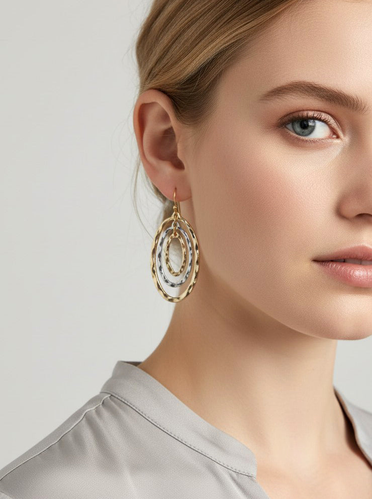 Hammered Concentric Oval Drop Earrings - Gold Rhodium