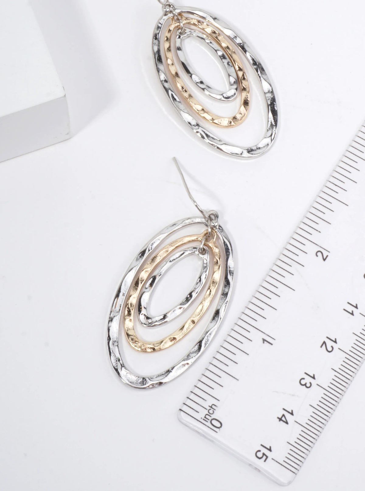 Hammered Concentric Oval Drop Earrings - Rhodium Gold