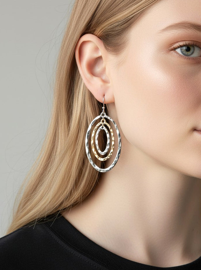 Hammered Concentric Oval Drop Earrings - Rhodium Gold