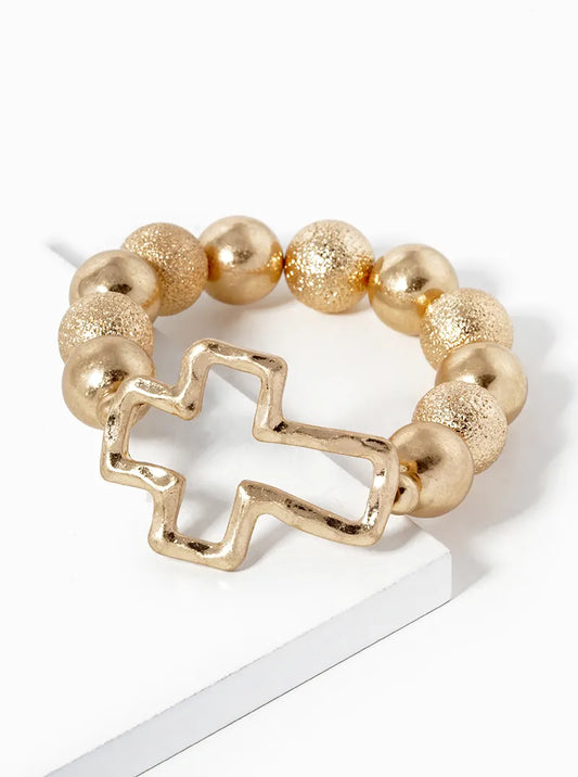 Hammered Cross Accent 14mm Textured Ball Bead Stretch Bracelet