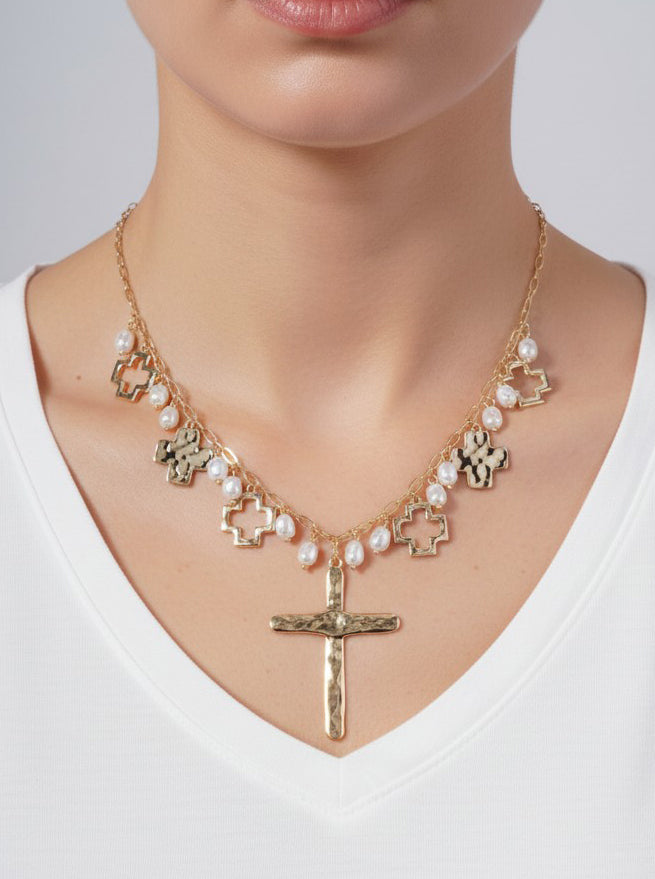 Hammered Cross Charm Adjustable Necklace