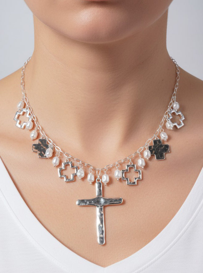 Hammered Cross Charm Adjustable Necklace