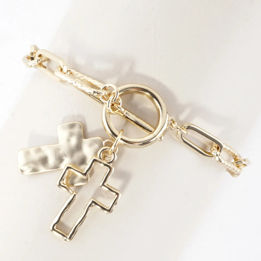 Hammered Cross Cluster Charm Toggle Bracelet