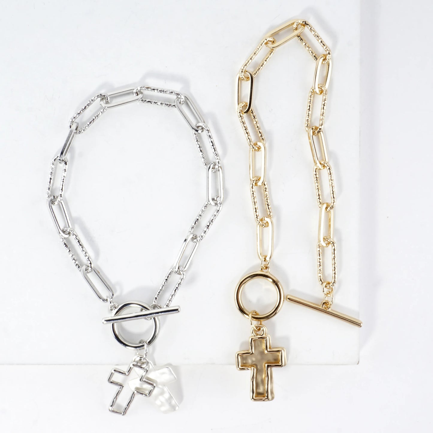 Hammered Cross Cluster Charm Toggle Bracelet