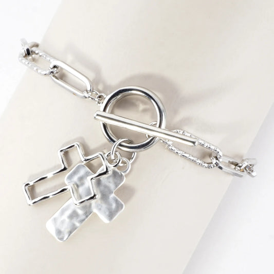 Hammered Cross Cluster Charm Toggle Bracelet