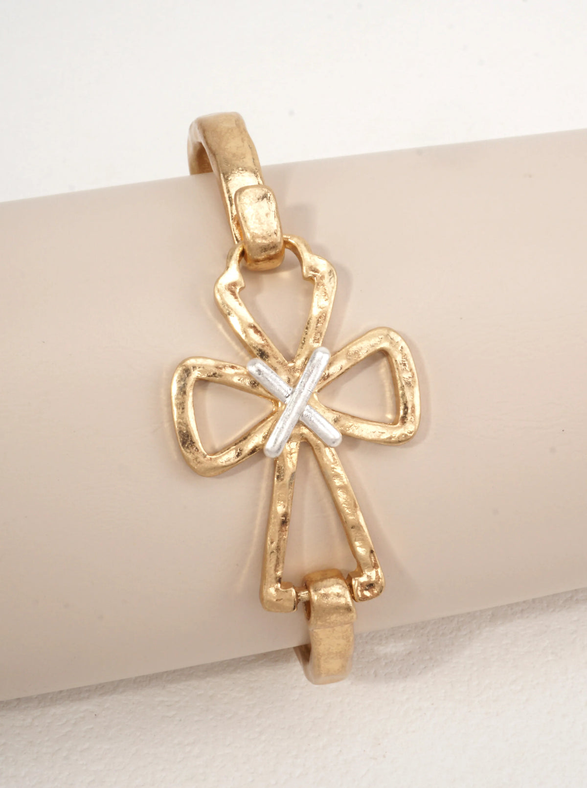 Hammered Cross Hook Closure Cuff Bracelet